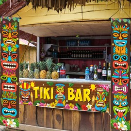 Tiki Banner Luau Door Cover 3 Pieces Hawaiian Luau Party Decoration Supplies Tiki Totem Banner Porch Sign for Aloha Hawaii Luau Tropical Moana Birthday Carnival Party Wall Hanging