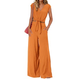 PRETTYGARDEN Women's Summer 2 Piece Outfits 2025 Cap Sleeve V Neck Belted Crop Tops Wide Leg Pant Sets Casual Tracksuit(Solid Orange,Small)