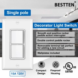 BESTTEN 5 Pack Double Light Switch, Single Pole, Combination Decorator Interrupters, 15A 120V, in-Wall On/Off Switch, Dual Paddle Rockers, Wallplate Included, UL Listed, White