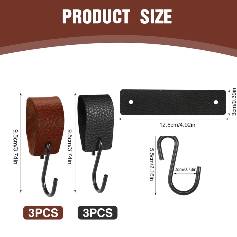 VARKAGE S Hooks Black with Leather Loop, Pack of 6