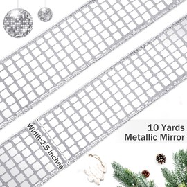 TecUnite 10 Yards Disco Silver Ribbon 2.5 Inch Christmas Glitter Silver Wired Ribbon Sparkly Metallic Square Sequin Ribbon Sewing Trim for Gift Wrapping DIY Crafts Christmas Tree Wreath Decor