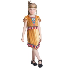 IKALI Indian Costume Children Girls Home Indian Costume Kids American Outfit Beige Dress with Headband 7-8 Years