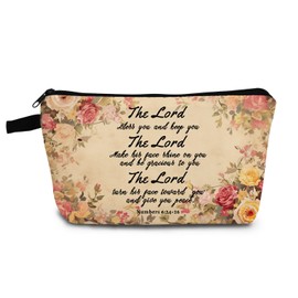 YULUENZE Bible Quote Makeup Bag Floral Inspirational Organizer Bag Toiletry Zipper Pouch The Lord Bless You Cosmetic Bag Baptism Birthday Present for Christians Women Friends