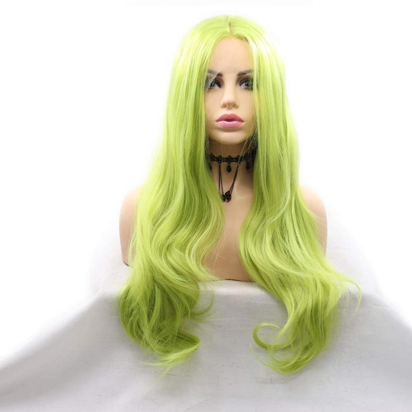 Xiweiya Olive Green Wavy Synthetic Lace Front Wig Long Wave Grass Green Lace Front Wig Natural Looking Half Hand Tied Heat Resistant Fiber Replacement Wigs for Women 24 Inch