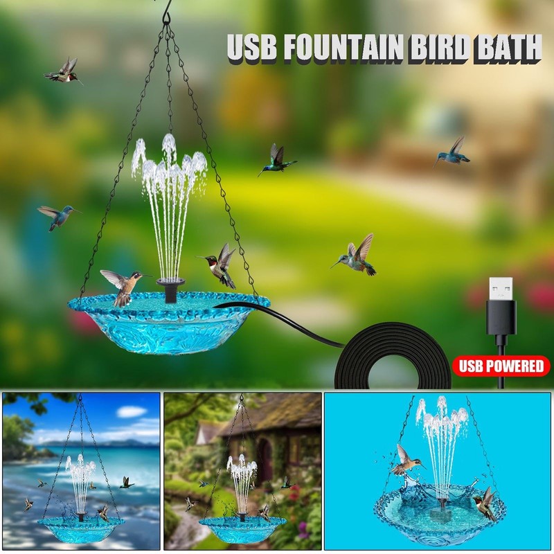 Hanging Bird Bath, Bird Bath Bowl with Fountain USB Powered,