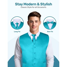 S.H. Churchill & Co. Men's 4 Piece Vest Set, with Bow Tie, Neck Tie & Pocket Hankie - Teal, L