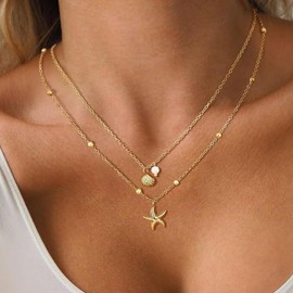 Shell Necklace for Women 14K Gold Plated Layered Starfish Conch Seashell Pearl Pendant Necklace Non Tarnish Adjustable Cowire Shell Necklaces Stack Beachy Ocean Jewelry Gifts for Summer Vacation