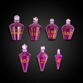 Cusdie 7-Die Sharp Edges DND Dice Set, Potion Shaped D&D Dice, Handcrafted Polyhedral Dice Set, Potion Dice for TTRPG Role Playing Game (Purple w/Glitter Powder)