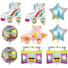 9-Piece Disco Party Decorations, Inflatable Retro Balloons Set, 80s 90s Dance Theme Decor, Roller Skate Disco Ball Boombox Gradient Stars Foil Balloons for Birthday Party Supplies