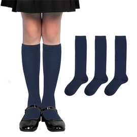 YEJIMONG Girls Knee High Socks School Uniform Dress Cotton Long Socks for Kids Boys 3 Pairs 4-16 Years (Navy Blue, X-large)
