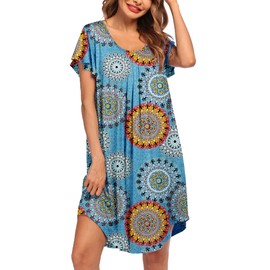 Ekouaer Womens Nightgown Soft Sleepwear Pleated Sleepshirt Sleep Dress Short Sleeve Nightdress Mandala S