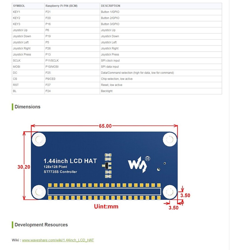 1.44 Inch LCD Display HAT for Raspberry Pi, 128x128 SPI