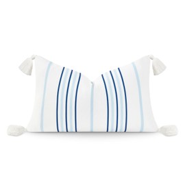 Hofdeco Premium Coastal Hampton Style Patio Indoor Outdoor Lumbar Pillow Cover Only, 12"x20" Water Resistant for Backyard, Couch, Baby Blue Navy Stripe White Tassels