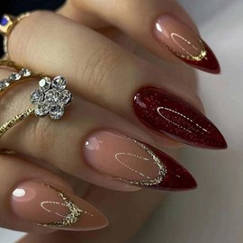 ANDGING Red Press on Nails Almond Short Medium French Tip on Fake Nail for Women with Glitter Gold Nude Design Stiletto Acrylic False Nails Manicure Stick on Nails for Wedding 24Pcs C31
