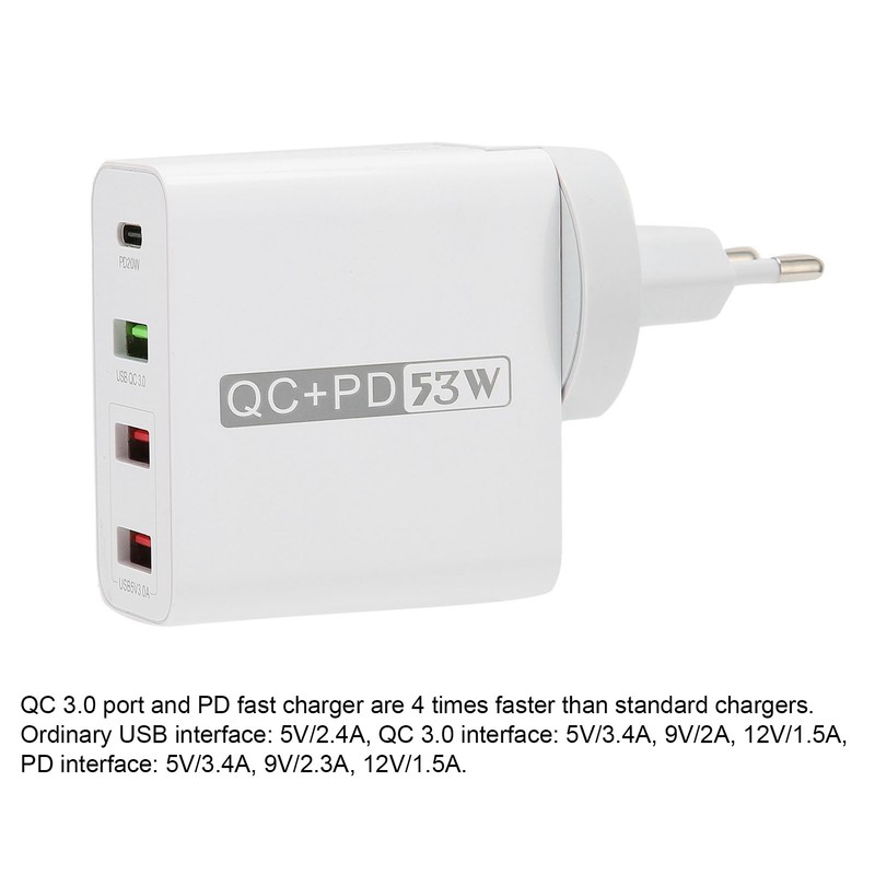 53W 4 Port Mobile Phone Charger 20W PD QC3.0 Fast