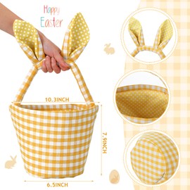 DoubleFill 1 Piece Easter Bunny Basket Bags with Cute Rabbit Ears Plaid Bucket Storage Gifts for Easter Egg Hunts Decorations Candy Gifts Storage (Yellow)