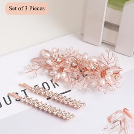 Sppry Wedding Hair Clips Set of 3 PCS - Floral Rhinestone Pearl Hair Accessories for Bridal Women (Rose Gold)
