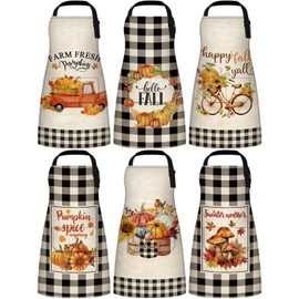 Cotwinter 6 Pcs Fall Thanksgiving Aprons with Pockets Autumn Buffalo Plaid Pumpkin Truck Waterproof Kitchen Aprons for Women