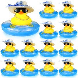 24 Set Summer Rubber Duck Mini Yellow Duck Bath Toys Duckies Car Dashboard Decorations with Mini Sun Hat Swim Ring Necklace and Sunglasses for Bathtub Shower Birthday Swimming
