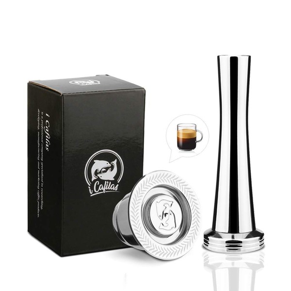 i Cafilas Refillable Nespresso Coffee Capsule Made of Stainless Steel - Refill Capsule for Environmentally Friendly Coffee Lovers - Compatible with Nespresso Machines - Plastic Spoon & Brush Included