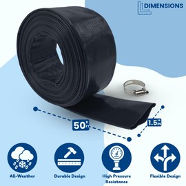 Poolzilla 1.5" x 50' Heavy Duty Black PVC Swimming Pool Backwash Hose With Stainless Steel Clamp, Thick Industrial PVC Backwash Drain Hose for Above Ground & Inground Pools, Built For Maximum Flow
