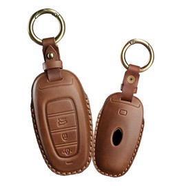 ontto Car Key Fob Cover Keyring fit for Hyundai Santa Fe Tucson 2022 Nexo NX4 Atos Solaris Prime 2021 Smart Key Case Shell Leather Key Holder Bag Keyring Keychain Accessories 3 Buttons Brown