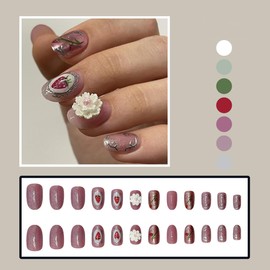 24Pcs Spring Summer Short Press on Nails Oval Flower Fake Nails with Charms Design Strawberry Glue on Nails Purple False Nails Spring Acrylic Nails Chrome Line Artificial Stick on Nails for Women Girl