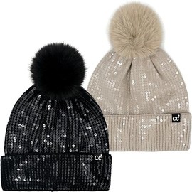 Funky Junque Women's Sequin Pom Beanies – Soft Knit Sparkly Bling Winter Hats for Women, Faux Fur Pom Glitter Sparkle Hat - 2 Pack: Smooth Sequin - Black & Taupe