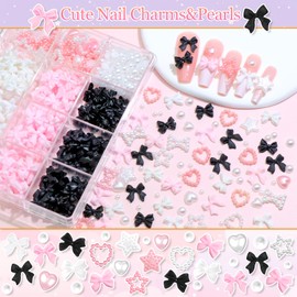 RODAKY Bow Nail Charms White Flatback Pearls 3 Colors Bowknot Nail Art Charms Resin 3D Star Heart Cute Coquette Nail Decoration Accessories for Manicure Design