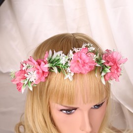 yuruyi Flower Crown for Women, Floral Headband Women Headpiece Flower Hair Accessories for Weeding Bride Cosplay Party Festival Photos (Pink Flower Green Leaves, Adjustable)