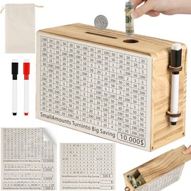 Wooden Money Saving Box, Cash Savings Box for $10000 $5000 $3000 $1000$500Target Money Saving Challenge, Reusable Cash Vault Bank with Dry Erase Pen/Savings Trackers/Storage Bag(Wood Color)