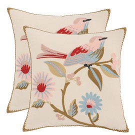 LUOYEHK Embroidered Throw Pillow Covers 18x18 Inch Pack of 2 Spring Farmhouse Floral Pillowcase Square Canvas Cushion Cover for Couch Sofa Bed Living Room (Pink Bird)