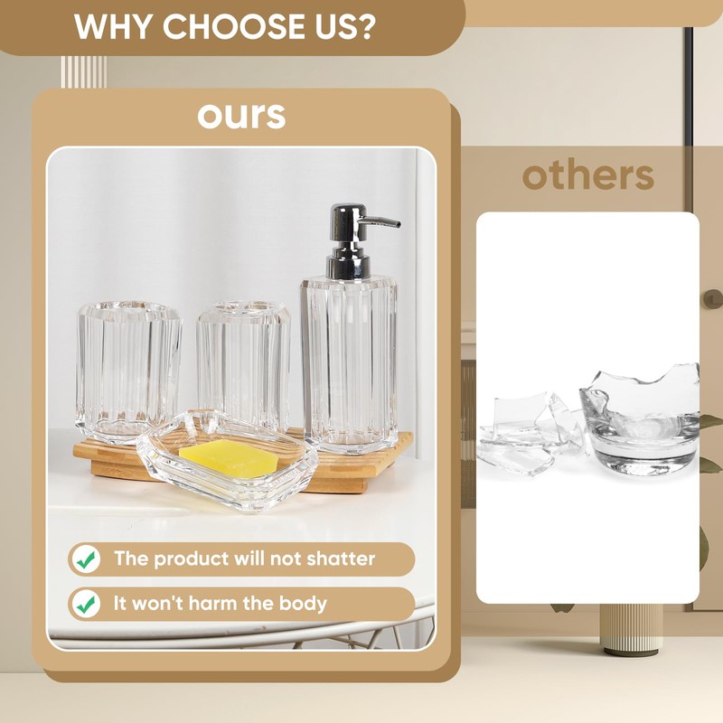 LGURT 4-Piece Clear Ribbed Acrylic Bathroom Accessory Set, Modern Countertop