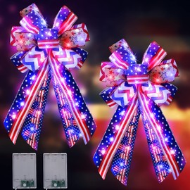2 Pack Lighted Large Patriotic Bows, 20 x 11 inch Blue Red White Star Burlap Bow 4th of July American Flag Wreath Bow Patriotic Tree Topper for Bunting Holiday Veteran's Day Independence Day Decor