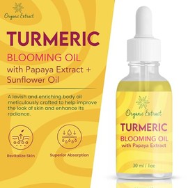 Aceite de cúrcuma para rostro y cuerpo – 1 onza líquida / 1.0 fl oz – Suero iluminador para ojeras, arrugas, manchas oscuras, hidrata y nutre con papa