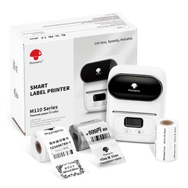 Phomemo M110 Label Printer, Smartphone, Label Writer Body + 3 Rolls Labels, Thermal Label Printer, Address Printer, Portable Type, Thermal Printer for Labels, Commercial Use, Sticker Printer, Label