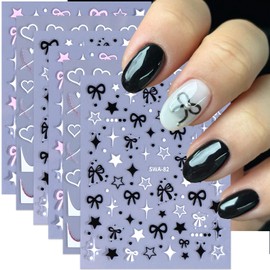 Bow Heart Nail Stickers for Nail Art 3D Self-Adhesive Valentine's Day Bow Heart Nail Decals Bow Heart Love Star Nail Art Design Nail Sticker for Women Acrylic Nail DIY Decoration 6 Sheets