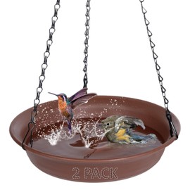 VUWEZ Hanging Bird Bath, 2 Pack Hanging Bird Feeder for Outdoors, Bird Water Feeder Tray Bowl Accessories for Outside, Plastic Birdbaths Tray for Garden Patio Decoration (10", Chocolate)