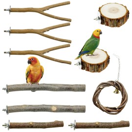 Allazone 10 PCS Natural Parrot Perch Bird Cage Accessories, Bird Platforms, Wood Stands, Grinding Fork Parakeet Platform for Small Lovebirds Budgies Cockatiels