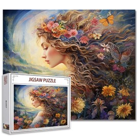 Tucocoo Fashion Girl with Flowers Jigsaw Puzzle 1000 Pieces Puzzles for Adults, Female Butterfly Art Jigsaw Puzzles for Challenging Family Activity Games Colourful DIY Puzzle for Home Decor Gifts