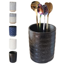 TOPYOKK Stoneware Coffee Bar Utensil Holder Tea & Coffee Spoon & Stirrer Holder for Stir Stick Straw Teaspoon Holder Spoon Cup Small Utensil Jar (Retro Black)