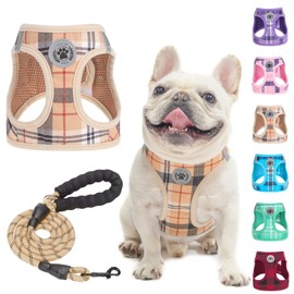 BEAUTYZOO Small Dog Harness and Leash Set,Step in No Choke No Pull Soft Mesh Dog Harnesses Reflective for Extra-Small/Small Medium Puppy Dogs and Cats, Plaid Dog Vest Harness for XS S Pets, Beige M