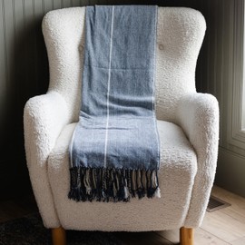 GRACED SOFT LUXURIES Chenille Fringe Throw Blanket for Couch | 50" x 60" Soft, Textured, Fluffy, Warm, Cozy Striped Boho Blanket | Decorative Yet Buttery Soft (Navy Stripe)