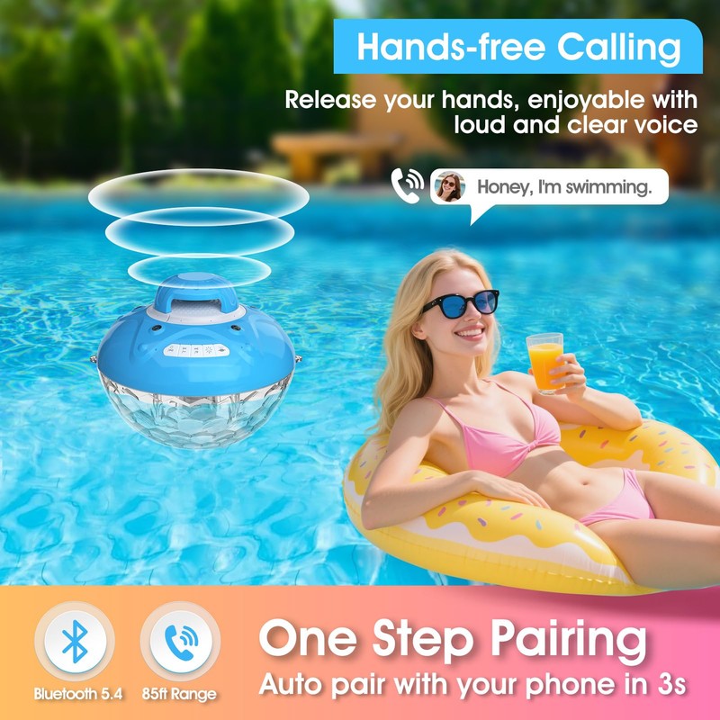 Blufree Bluetooth Pool Speaker w/Colorful Pool Fountain Light, 3 in