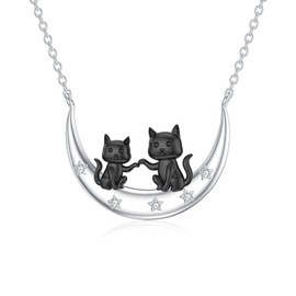 LWXIE Diamond Black Cat Necklace for Women 925 Sterling Silver Two Cat on Moon Pendant Necklace Cute Animal Jewelry Gifts for Daughter Mom Women Wife Friend