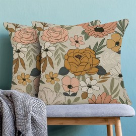 BETGINY Spring Floral Throw Pillow Covers 20x20 Inch Set of 2, Black Floral Decorative Outdoor Pillow Covers Rustic Modern Watercolor Flowers Pillow Cases Linen for Couch Sofa Home Decor