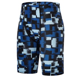 BELEROY Boys' Swim Jammers Competitive Swim Team Suit Quick Dry Bathing Suit Youth Kids Athletic Swimming Shorts UPF 50+(Blue Square,S)