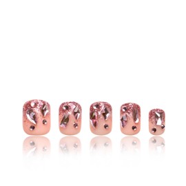 LOVFUL Press on Nails PINK GLITTER| Handmade with Full Covered Crystals | Reusable Fake Nails | Square Short 0.8 in | H60-S