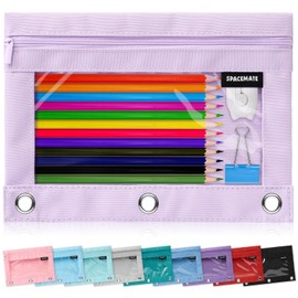 SPACEMATE Binder Pencil Pouch Case Box Bag for 3 Ring Binder School Supplies Girls Boys Kids, Clear Preppy Stuff Large Aesthetic Pen Organizer, Back to College Stationary, 1 Pack, Light Purple