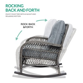VIVIJASON Outdoor Wicker Rocking Chair, Patio Rattan Rocker Chair with Cushions & Steel Frame, All-Weather Rocking Lawn Wicker Furniture for Garden Backyard Porch (Grey)